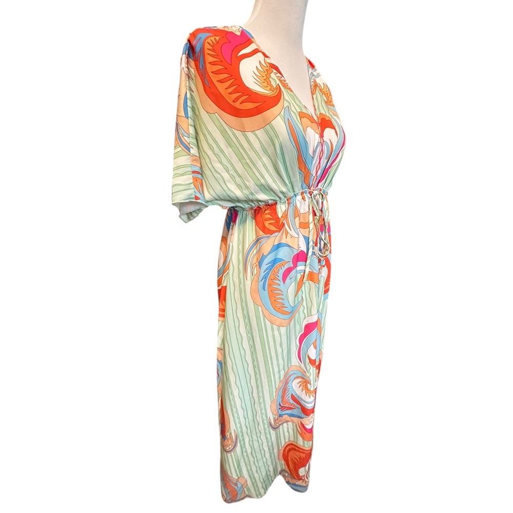 SHEIN Women's S Green Orange Abstract Print Kimono Sleeve Drawstring Maxi Dress - Picture 8 of 16